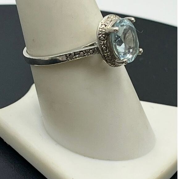 Blue Topaz Sterling Silver Halo Vintage Style 10x6mm Oval Gemstone Ring Sz 8.5 - Picture 4 of 6